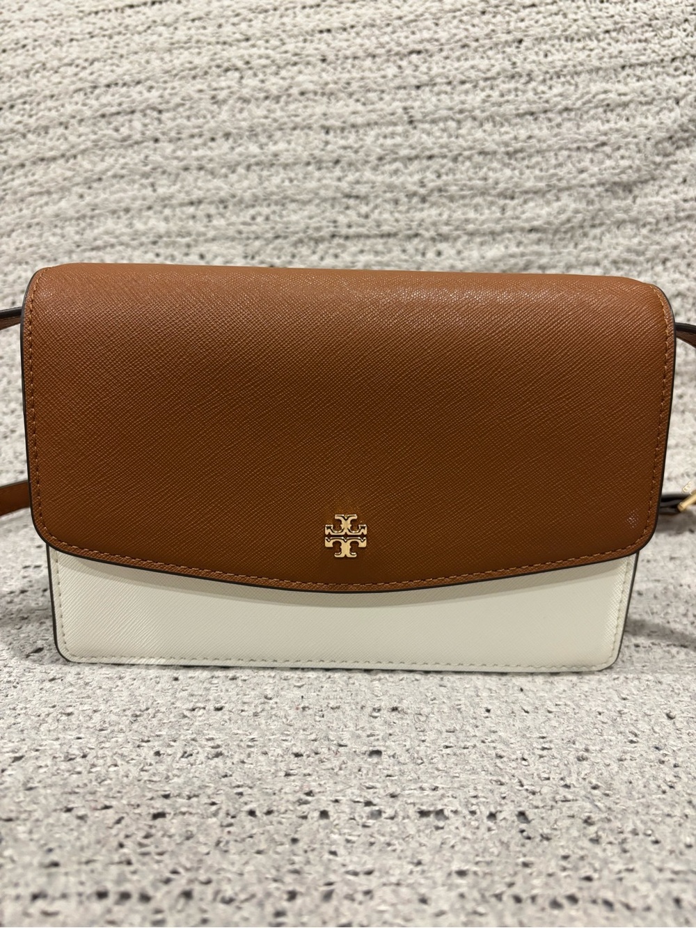 Tory Burch Brown & Cream Leather Crossbody with Gold Logo